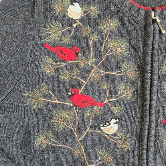 Croft& Barrow cardinal chickadee birds nature embroider zip sweater ramie silk M - Picture 6 of 8